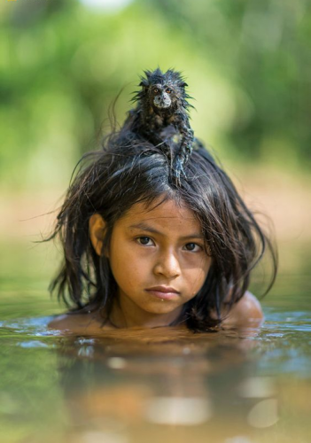 Charlie Hamilton James - Yoina Mameria Nontsotega et son fidèle compagnon tamarin rivière Yomibato,Pérou 2016 .png