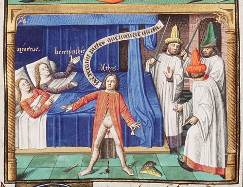 Attis castrates himself devant Minerva et Cybele, Miniature from a manuscript containing Raoul de Presles’ French translation of Augustine’s City of God, produced in Paris c.1480 .jpg