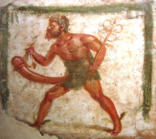 Priape au caducée Fresque anonyme à Pompeii, entre 89 avant notre ère et 79 .jpg