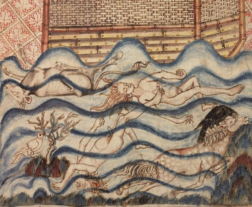 Deluge, detail of an illustration of Noah's Ark from the Holkham Bible, England ca. 1320-1330.jpg